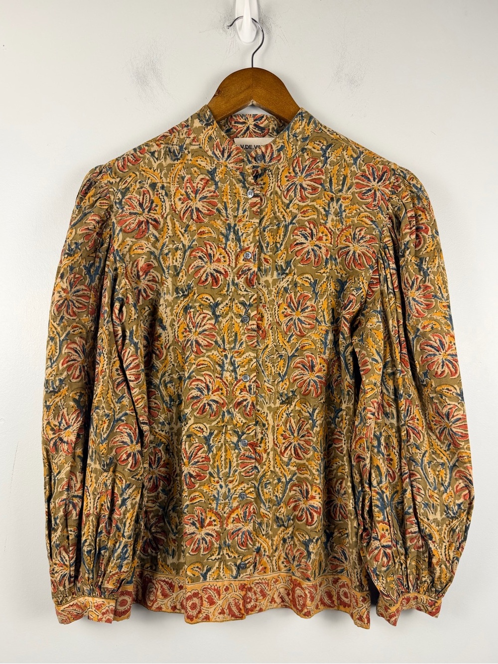 V.De.Vinster green yellow button down puff sleeve blouse size small